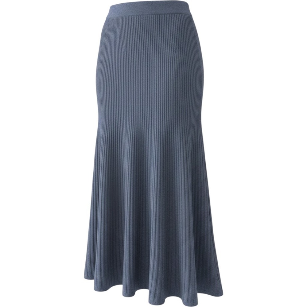 Ninety Clothing Co Blue Ribbed Knit Midi Skirt M A-Line Rayon Blend Stretch NWOT